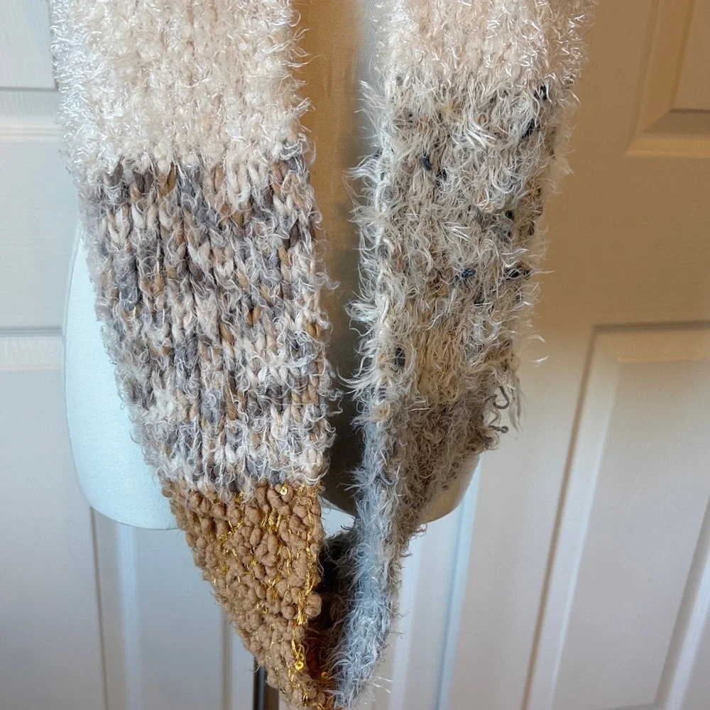 Chic Fluffy Textured Infinity Scarf in Gray, Tan and Cream Size OS
